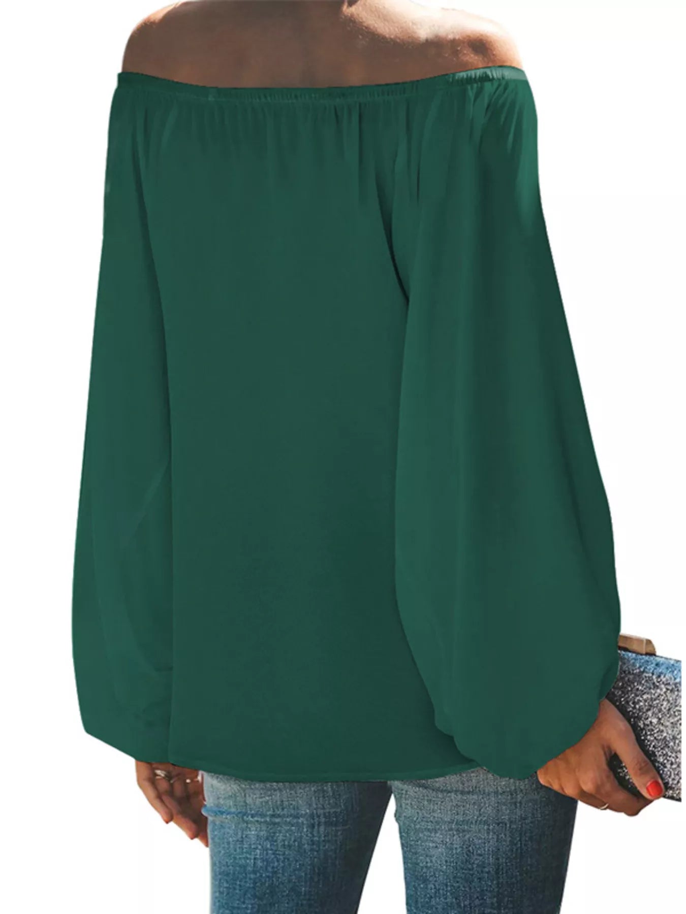 Cedar & Moore Full Size Off-Shoulder Balloon Sleeve Blouse Plus Size, green elastic neckline