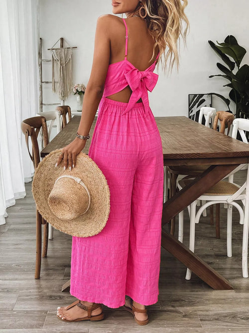 Rose red back-bow sleeveless wide-leg jumpsuit with thin spaghetti straps