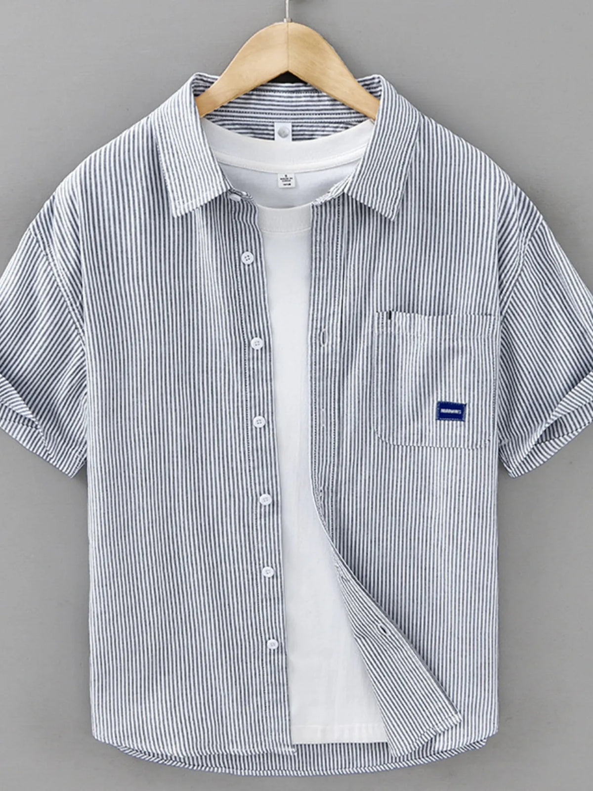Mens grey striped short-sleeve button-up cotton shirt with chest pocket logo