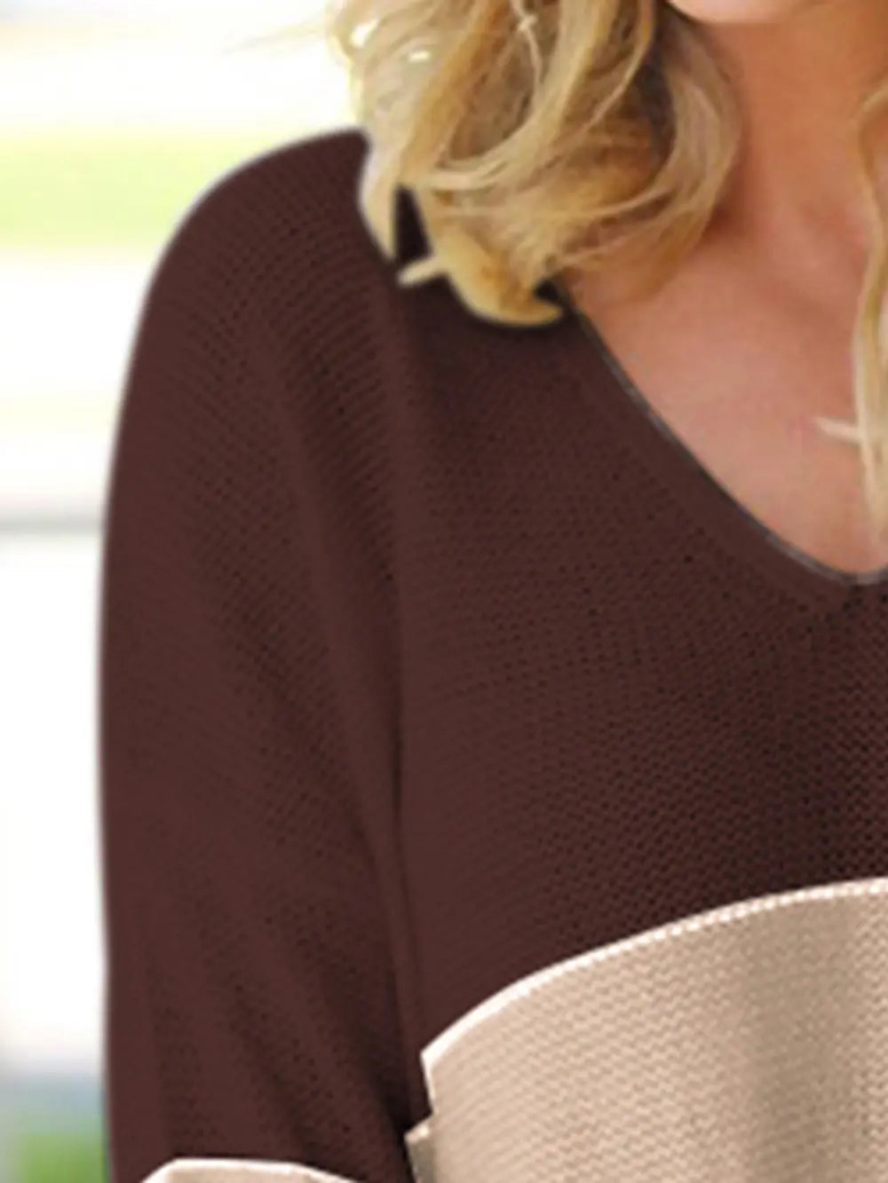 Chocolate-brown V-neck long-sleeve sweater with cream band across bust