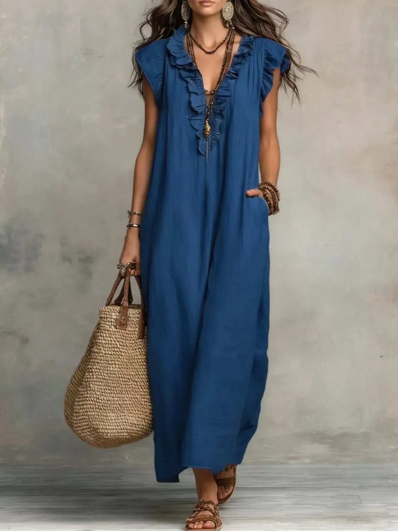 Blue ruffled V-neck maxi dress with short flutter sleeves and embroidered front