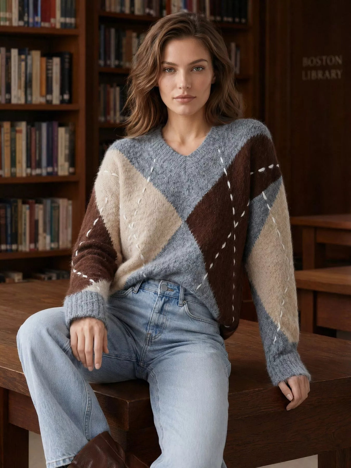 Oversized V-neck argyle sweater in gray, brown, and beige with long sleeves