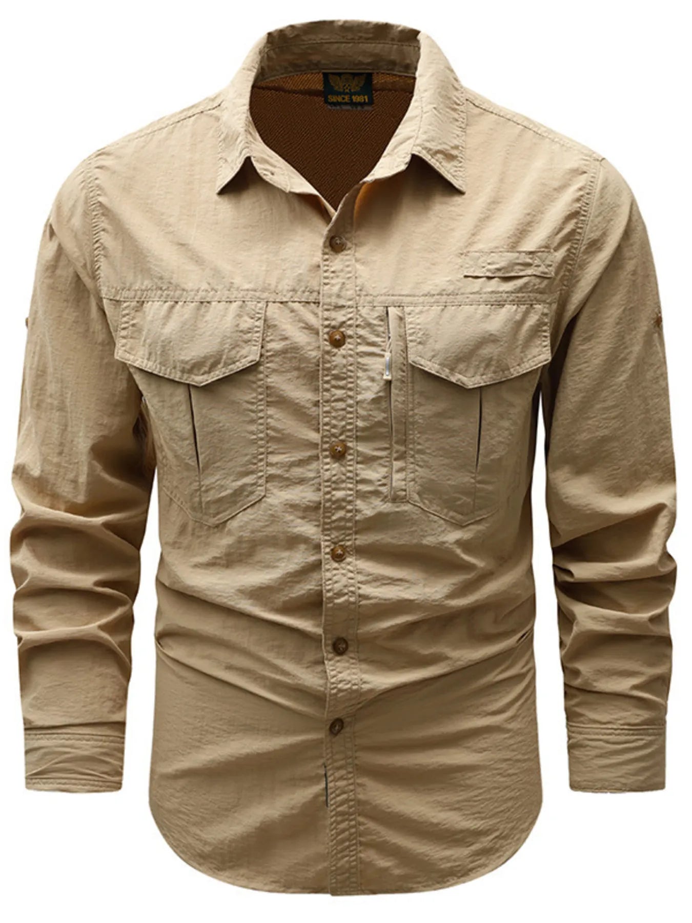 Men's plus size button-up long-sleeve shirt, khaki, two chest pockets, button front