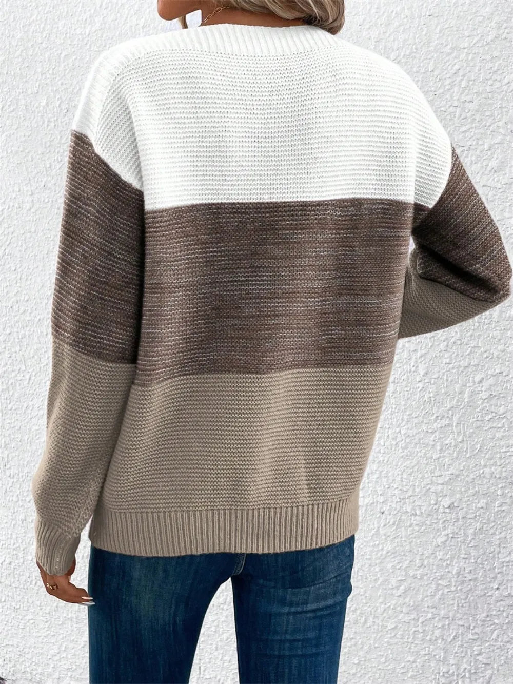 Color-block long sleeve sweater with white upper back and taupe-brown lower band