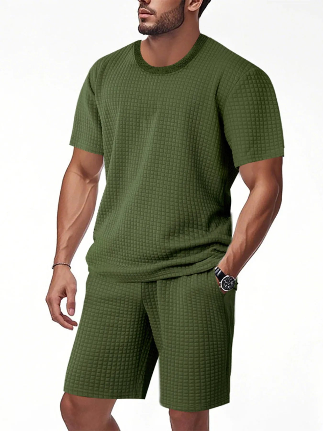Men's textured round-neck short-sleeve top and shorts set in dark green, front view