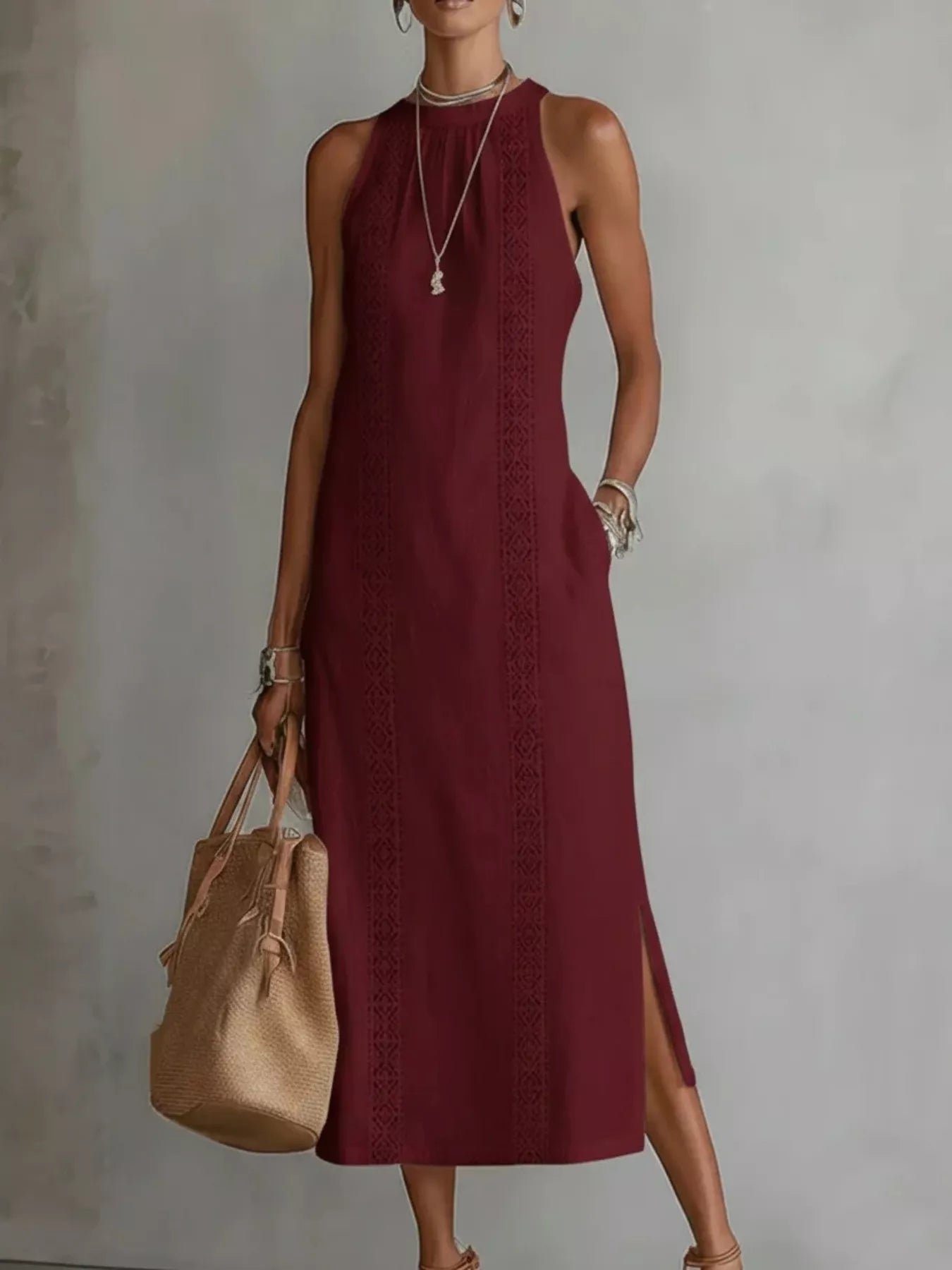 Burgundy sleeveless midi dress with lace trim detailing and side slit