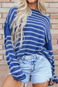 Striped dropped-shoulder sweater, blue with white cream stripes, round neck and cuffs