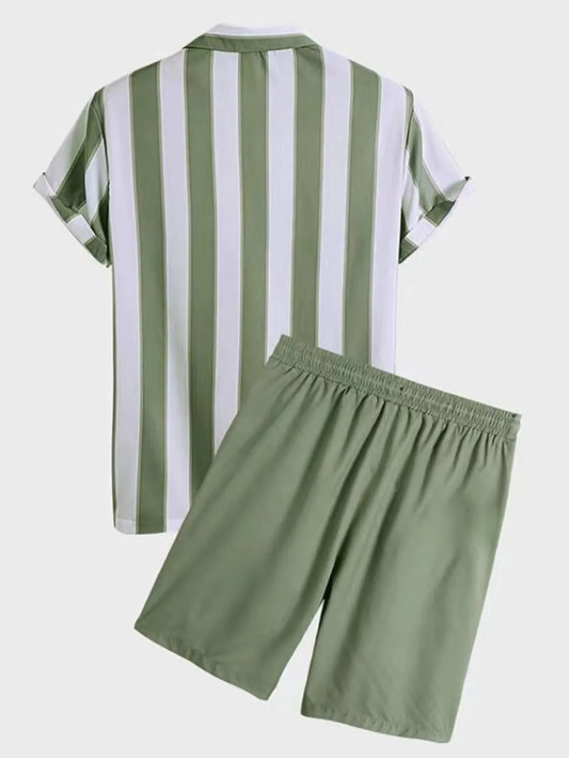 Men's green striped shirt and shorts set, back view, short sleeves, elastic waist