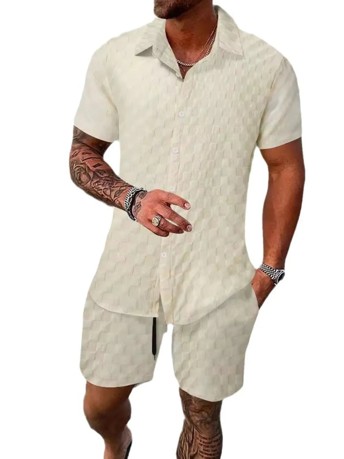 Off-white textured collared short-sleeve shirt and matching shorts set with button front