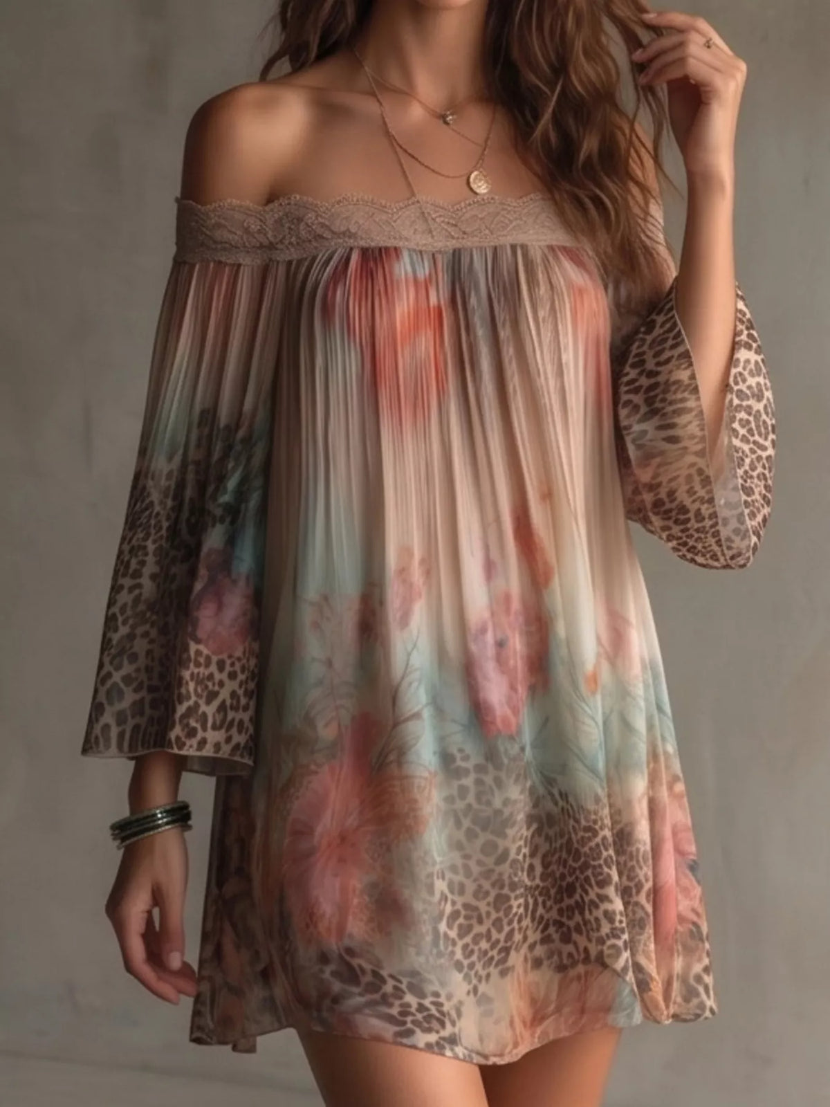 Off-shoulder lace-trim mini dress with multicolor floral leopard print and flared skirt