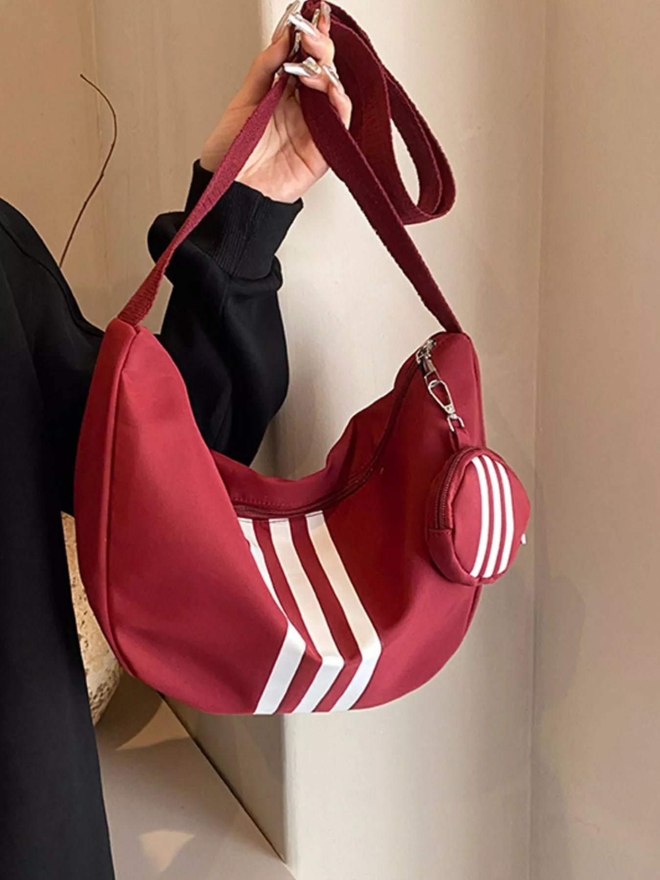 Striped crossbody bag with coin purse, red, medium size