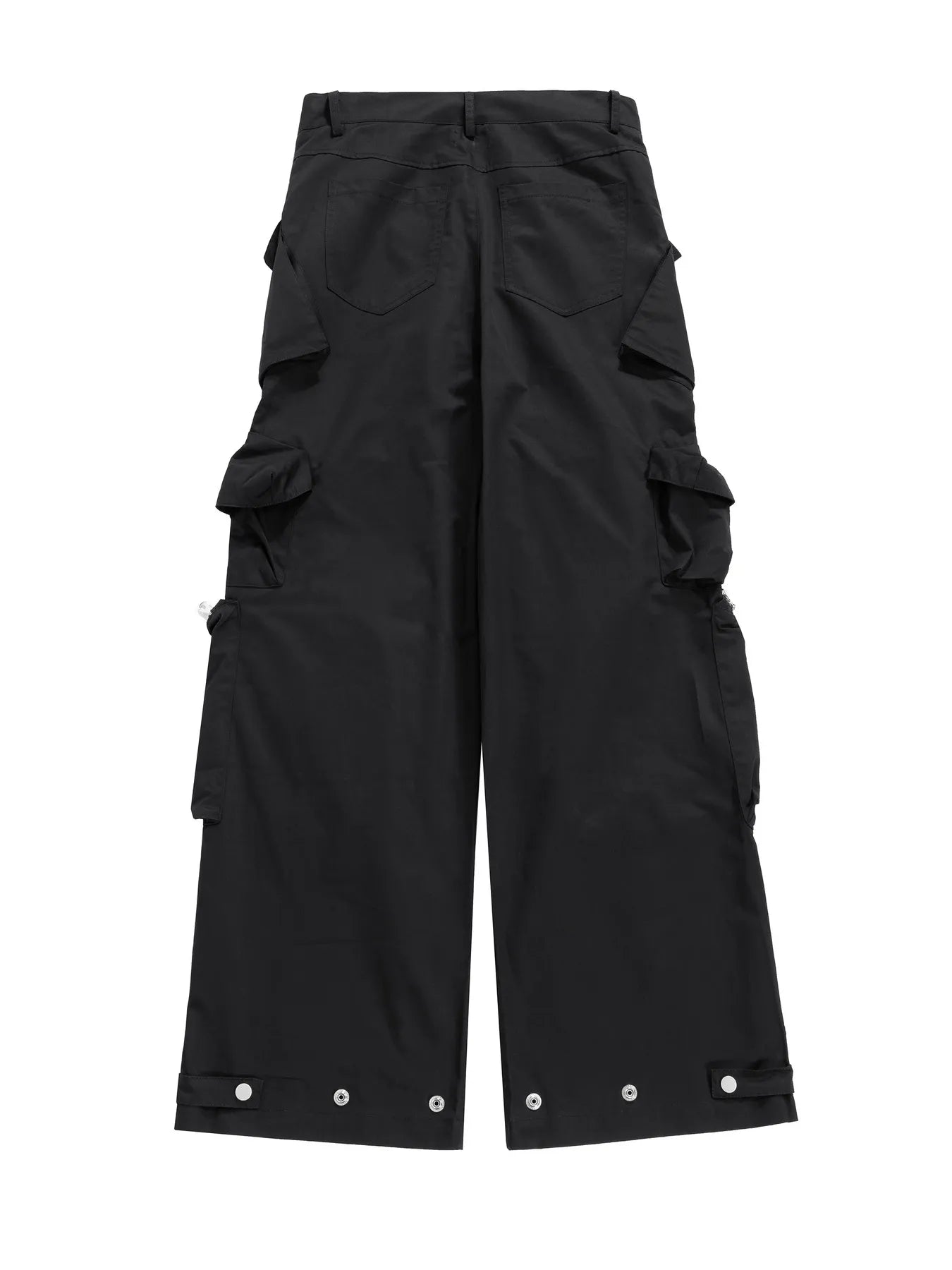 Black wide-leg cargo pants with stacked side pockets and snap-button hem tabs.