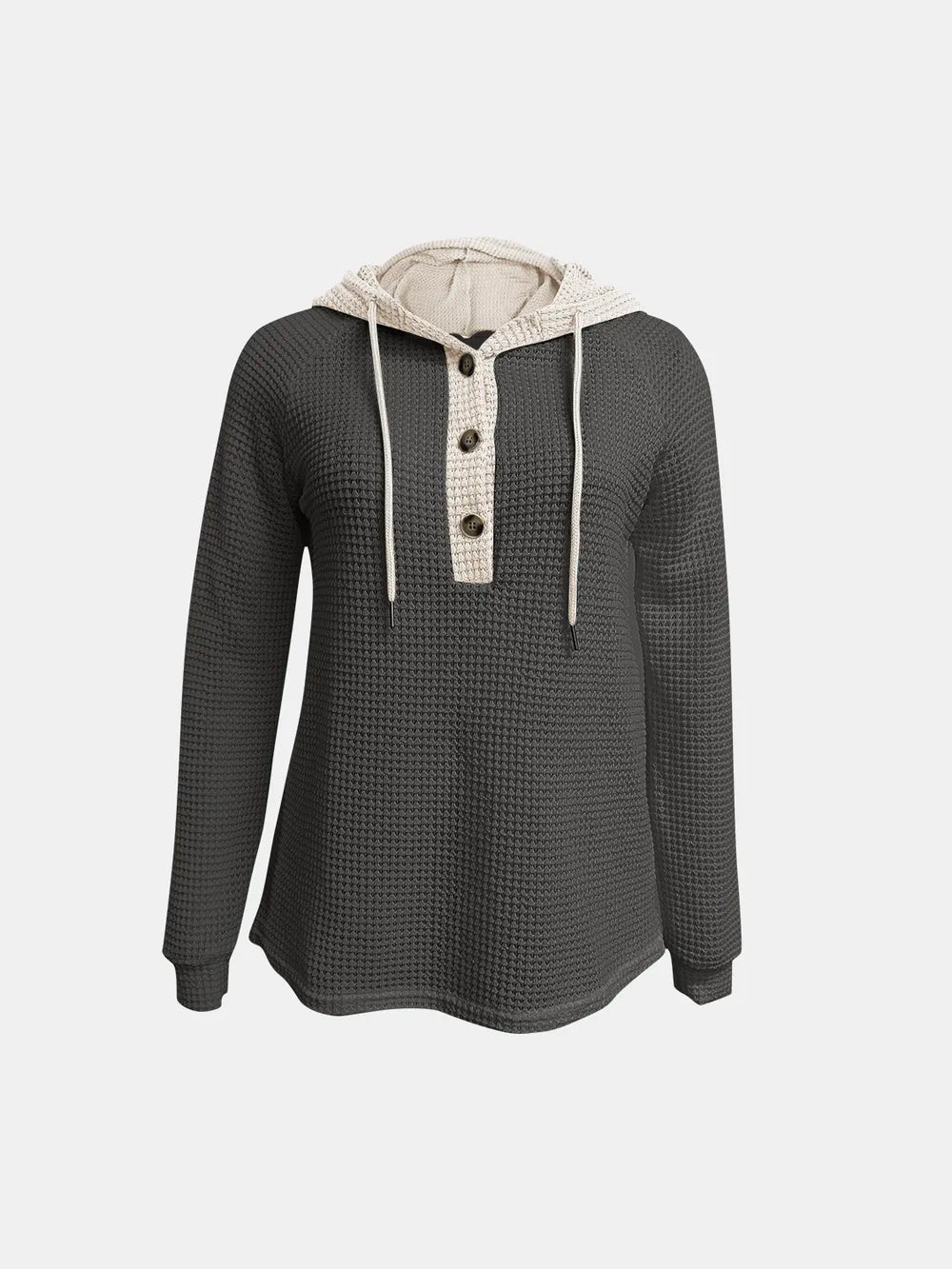 Dark gray waffle-knit long-sleeve hoodie with contrast hood and button henley placket