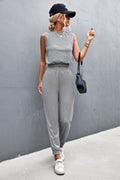 Gray sleeveless top and joggers set, crew neck, elastic waist, tapered ankle cuffs