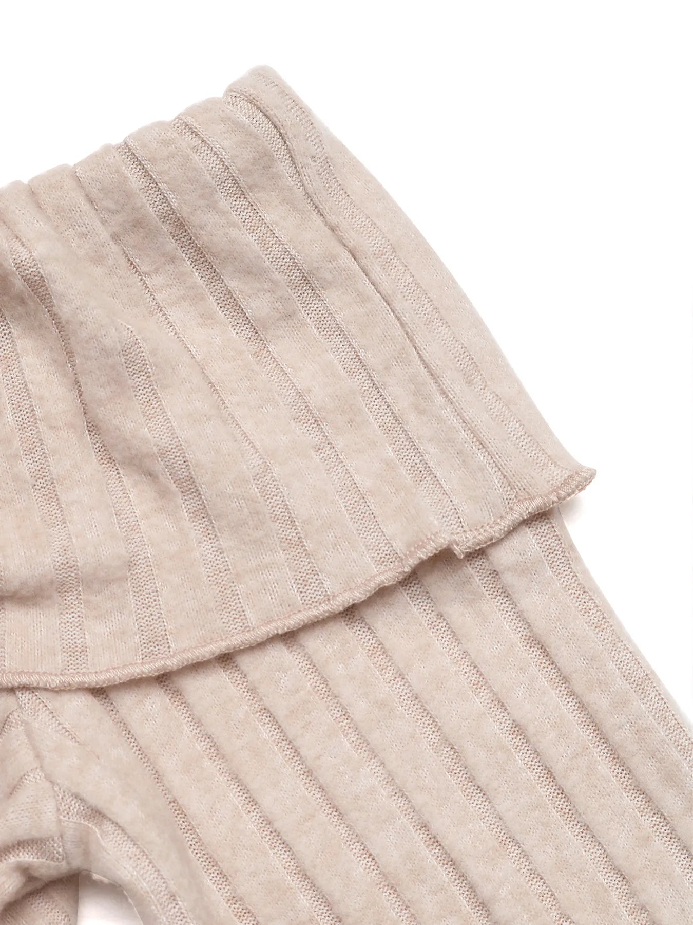 Khaki knit top sleeve and shoulder area with ribbed texture and off-shoulder edge