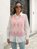 Blush pink geometric V-neck sweater vest with pink diamond argyle knit pattern