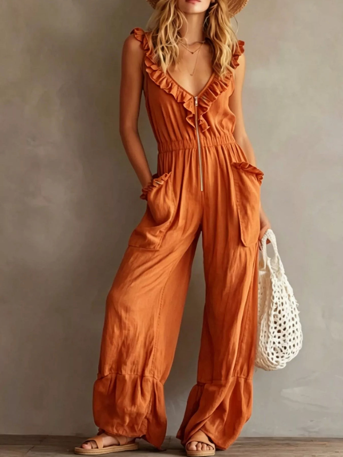 Ruffled V-neck wide-leg jumpsuit in burnt orange with ruffle trim and cargo pockets