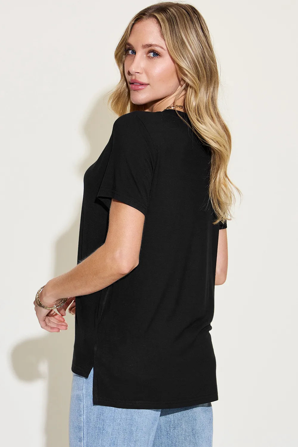 Cedar & Moore Basic Bae Full Size V-Neck High-Low T-Shirt in black with slit hem.