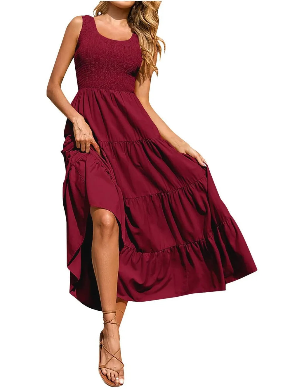 Burgundy tiered smocked wide-strap dress with gathered tiered skirt