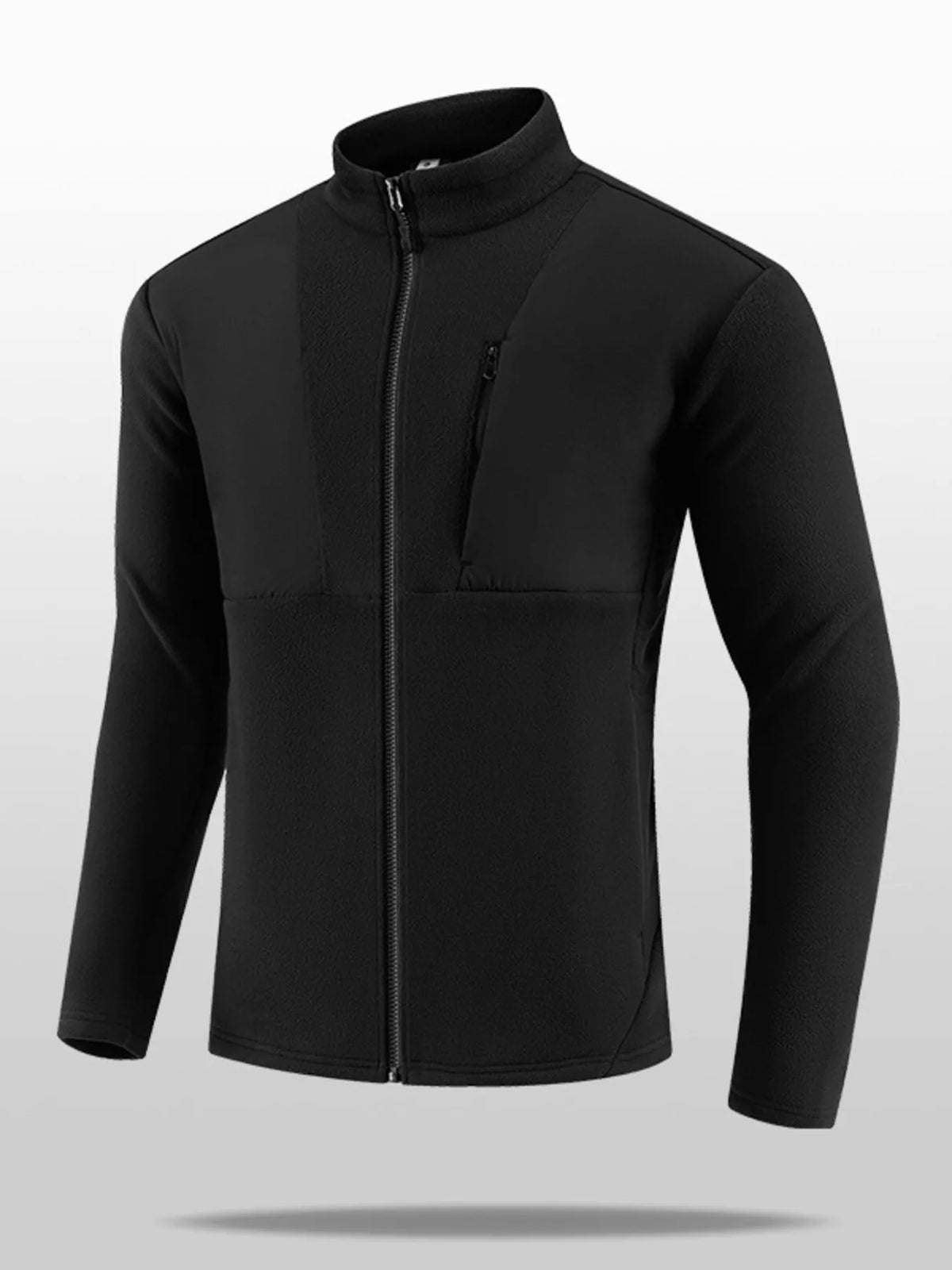 Men's black fleece full-zip jacket with stand collar and front zip pockets