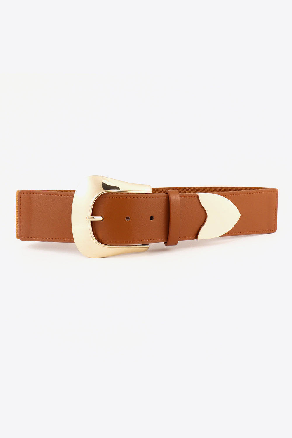 Caramel elastic wide vegan belt with curved gold buckle and elastic backing