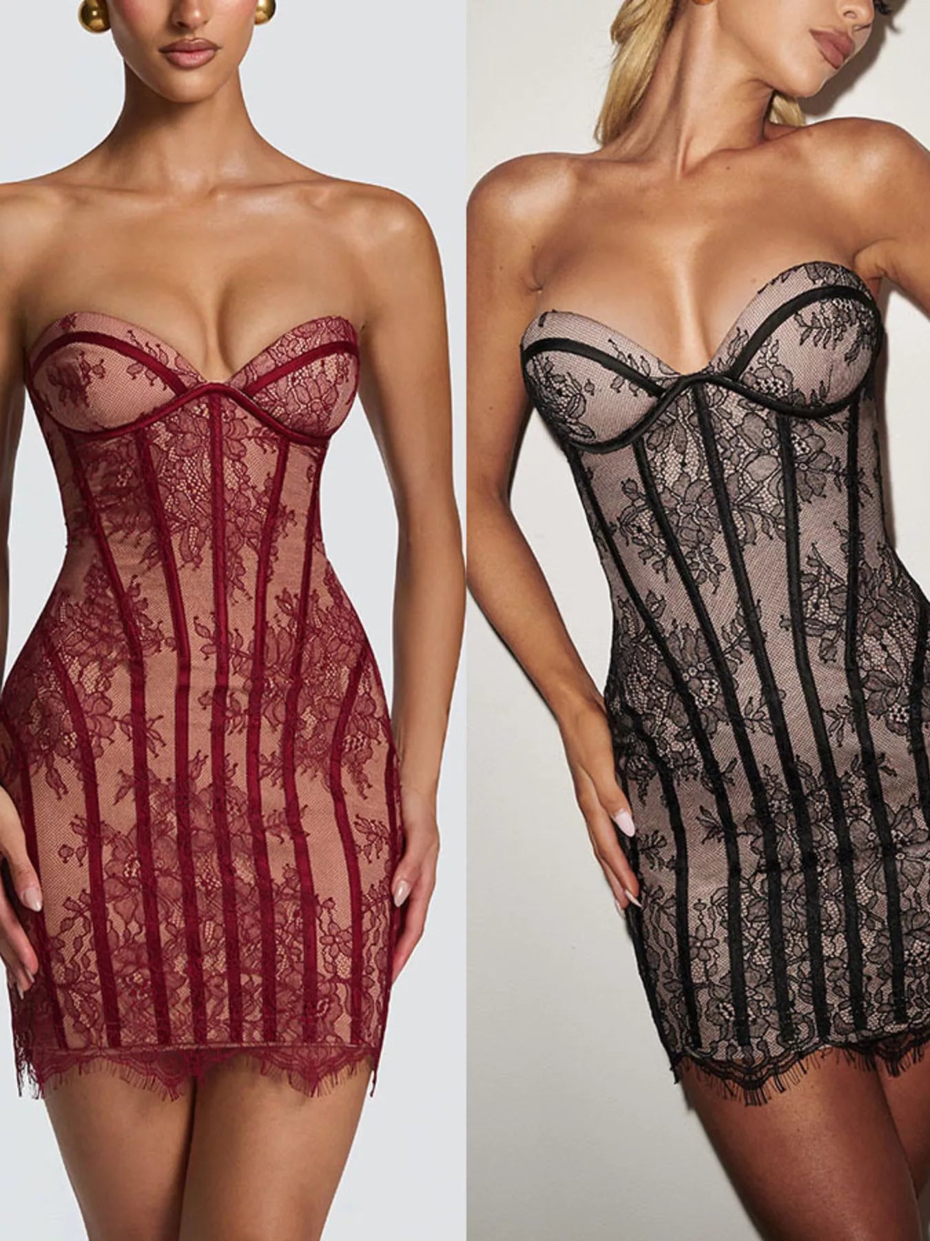 Cedar & Moore Lace Detail Tube Mini Dress red and black lace; strapless, lace-up panels by Trendsi