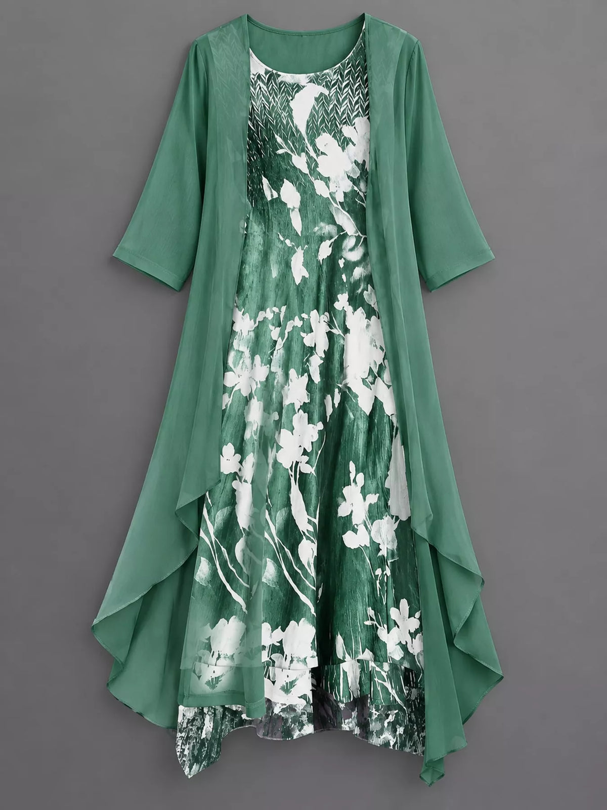 Green floral print midi dress with sheer chiffon cardigan, flowy silhouette, elbow sleeves