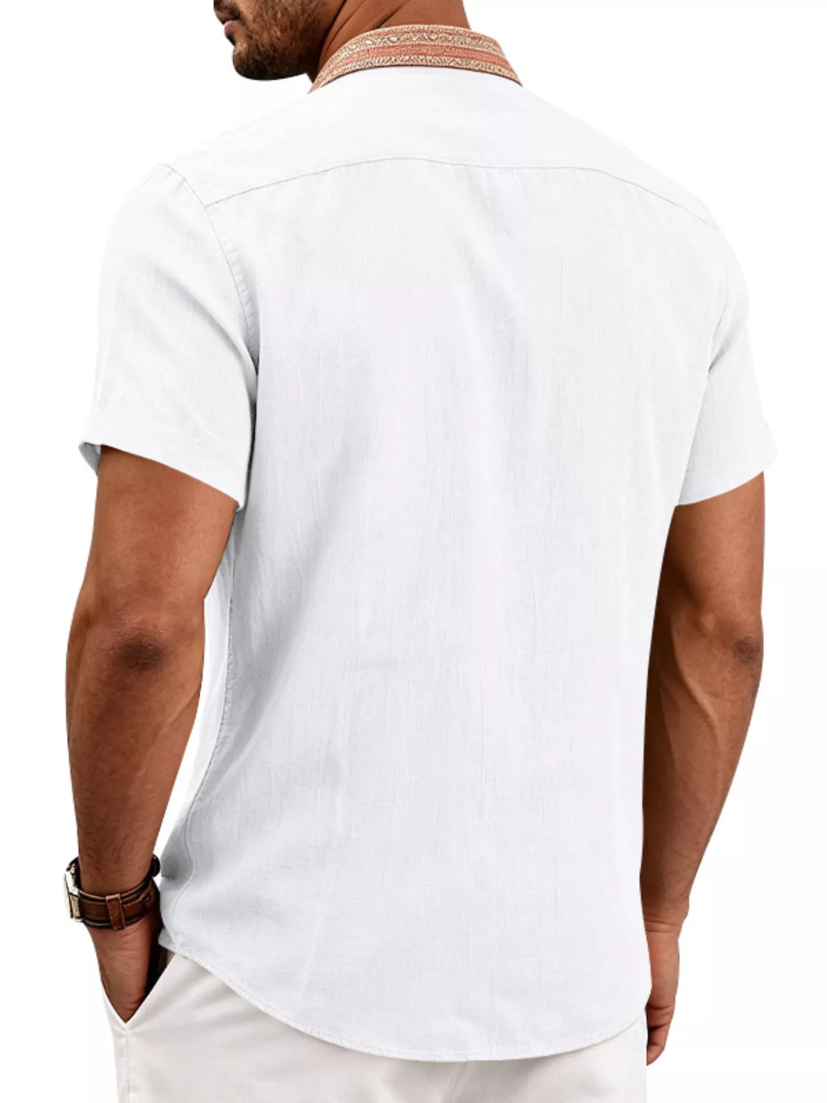Men's short-sleeve cotton stretch shirt, white back view with collar