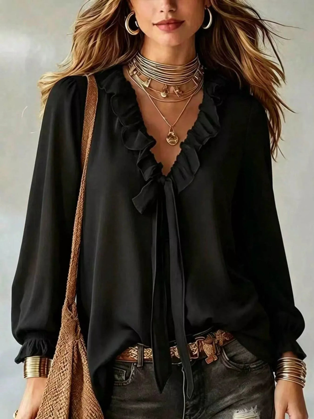 Black ruffle V-neck front-tie blouse top with long sleeves and neck ruffle trim