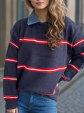 Dark blue round-neck long-sleeve sweater with red and white horizontal stripe bands