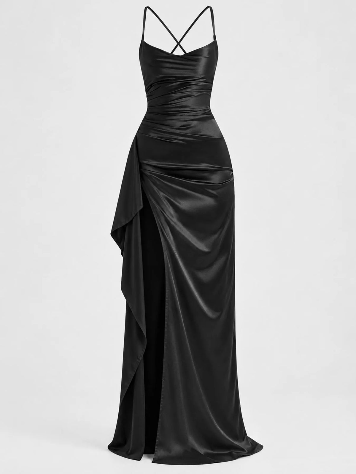 Black satin ruched maxi dress with high side slit and cross-back spaghetti straps
