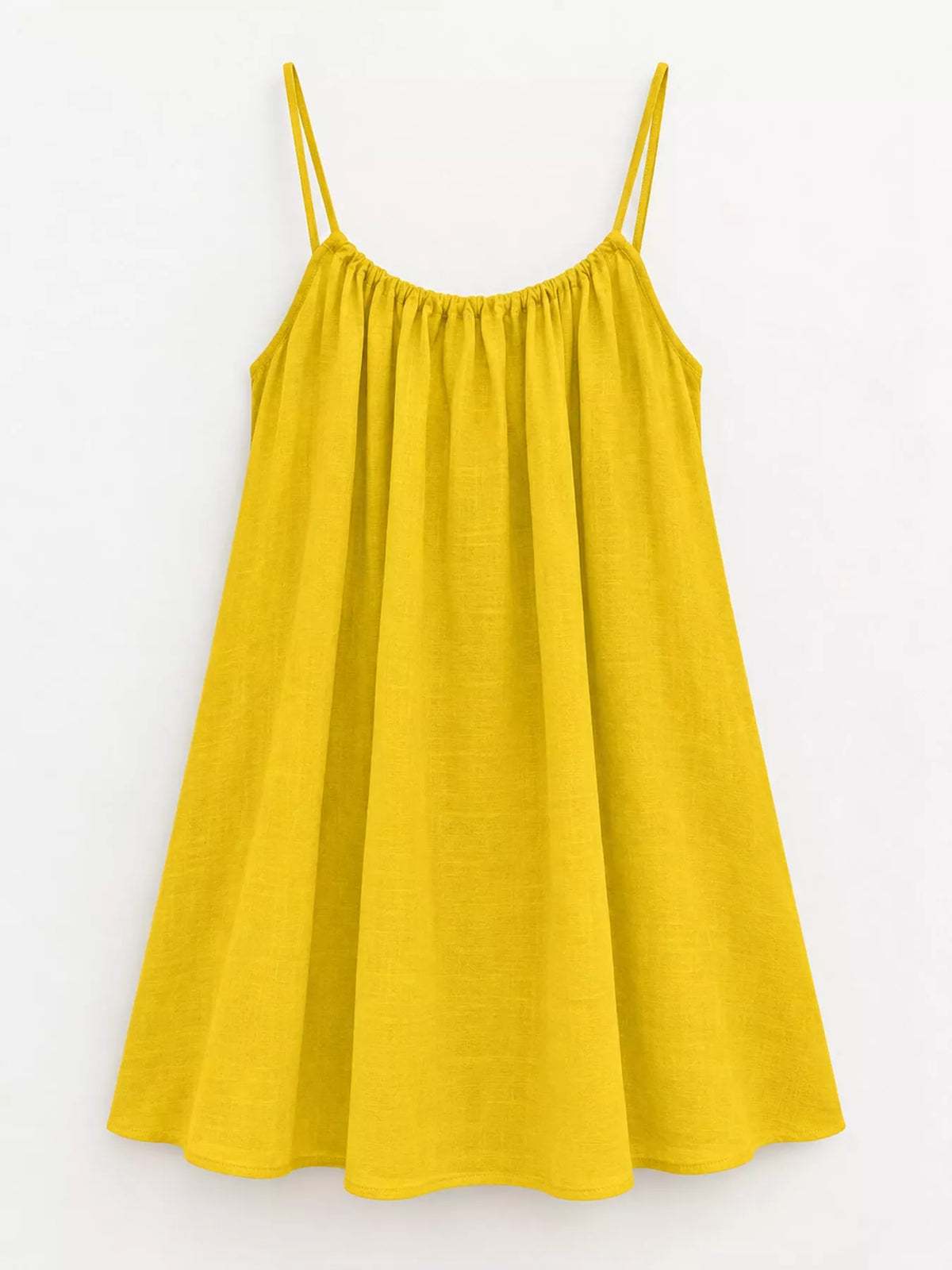 Yellow spaghetti strap ruched mini dress with gathered neckline and pleated swing hem