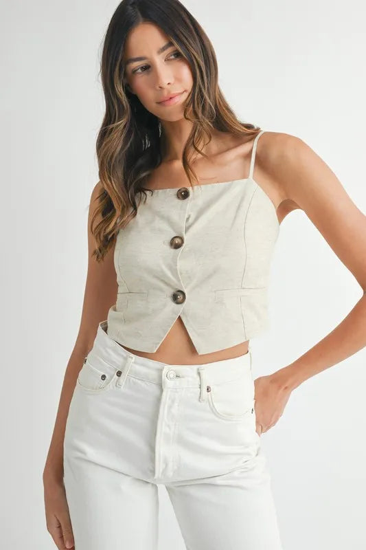 Oatmeal linen-mix button-down tank top with square neckline and front button placket
