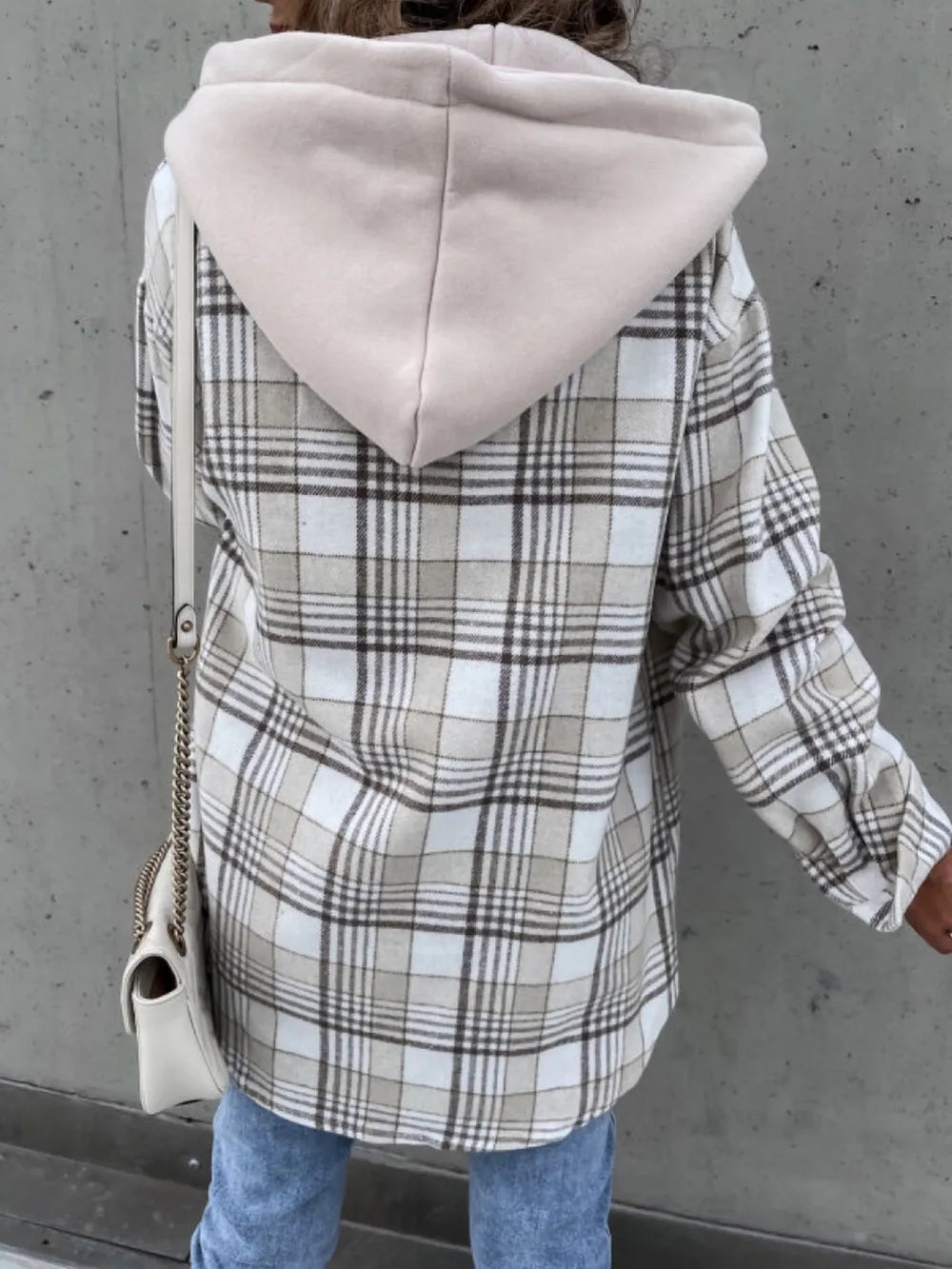 Light gray plaid jacket with removable hood, back view, long sleeves
