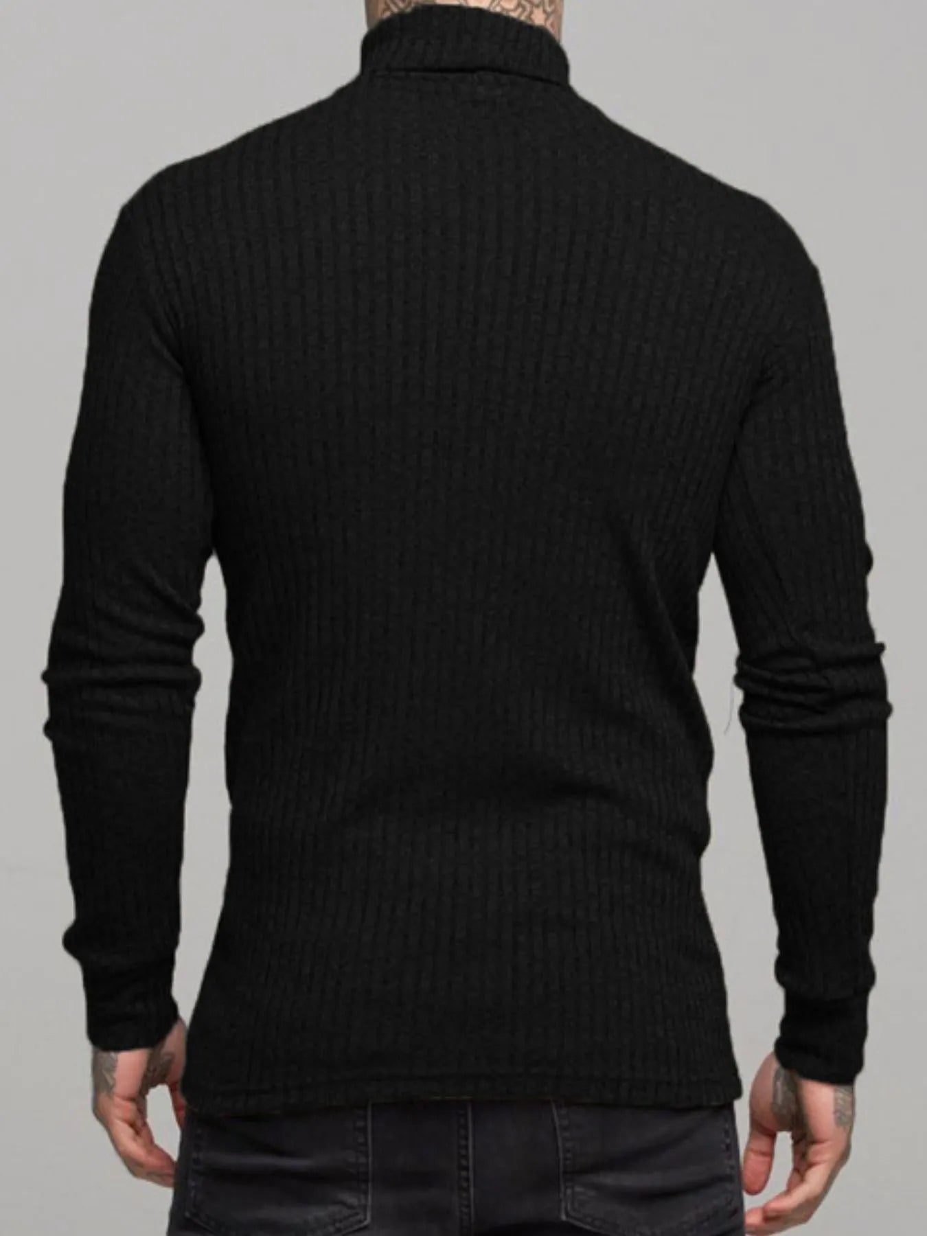 Ribbed turtleneck sweater in black, back view, long sleeves, textured knit