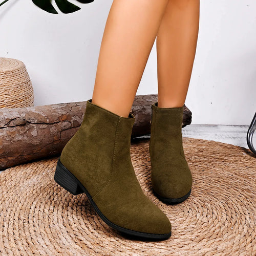 Army green Chelsea ankle boots with elastic side panels and dark block heel