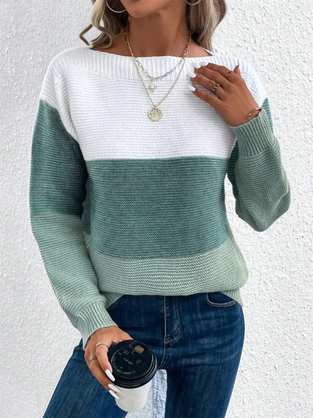 Color-block long sleeve sweater, white knit yoke with teal-green horizontal band
