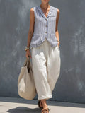 Blue striped button-up vest and white cropped pants set with sleeveless V-neck