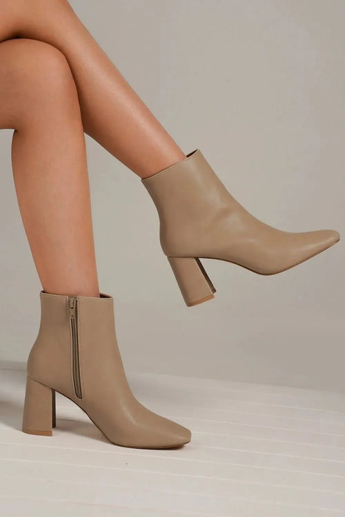 Nude PU leather ankle boots with block heel and side zipper