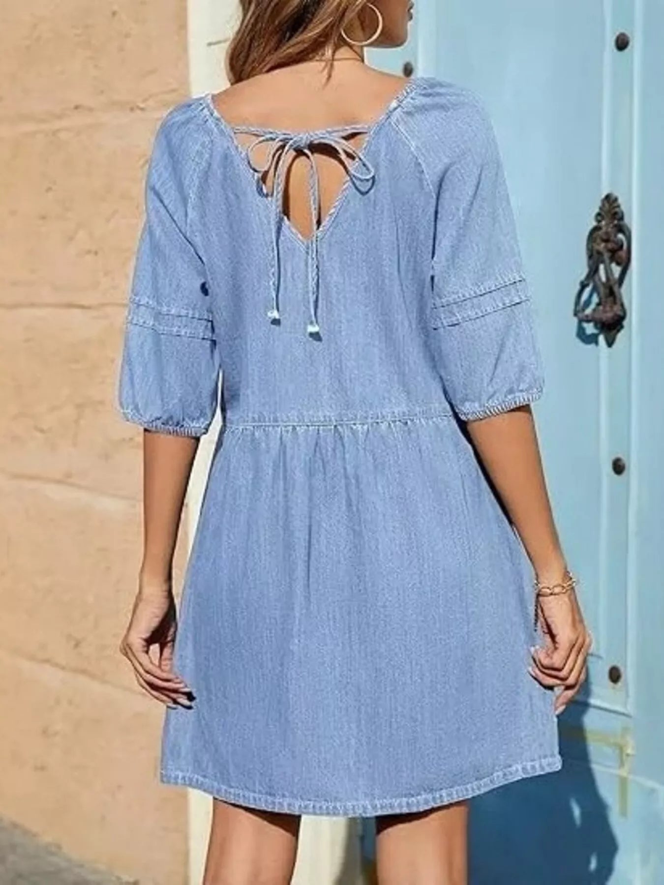 Cedar & Moore Denim mini dress with puff sleeves and back tie, light blue, by Trendsi