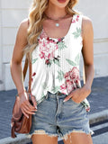Printed scoop neck wide-strap tank top, white with pink floral and green leaf print