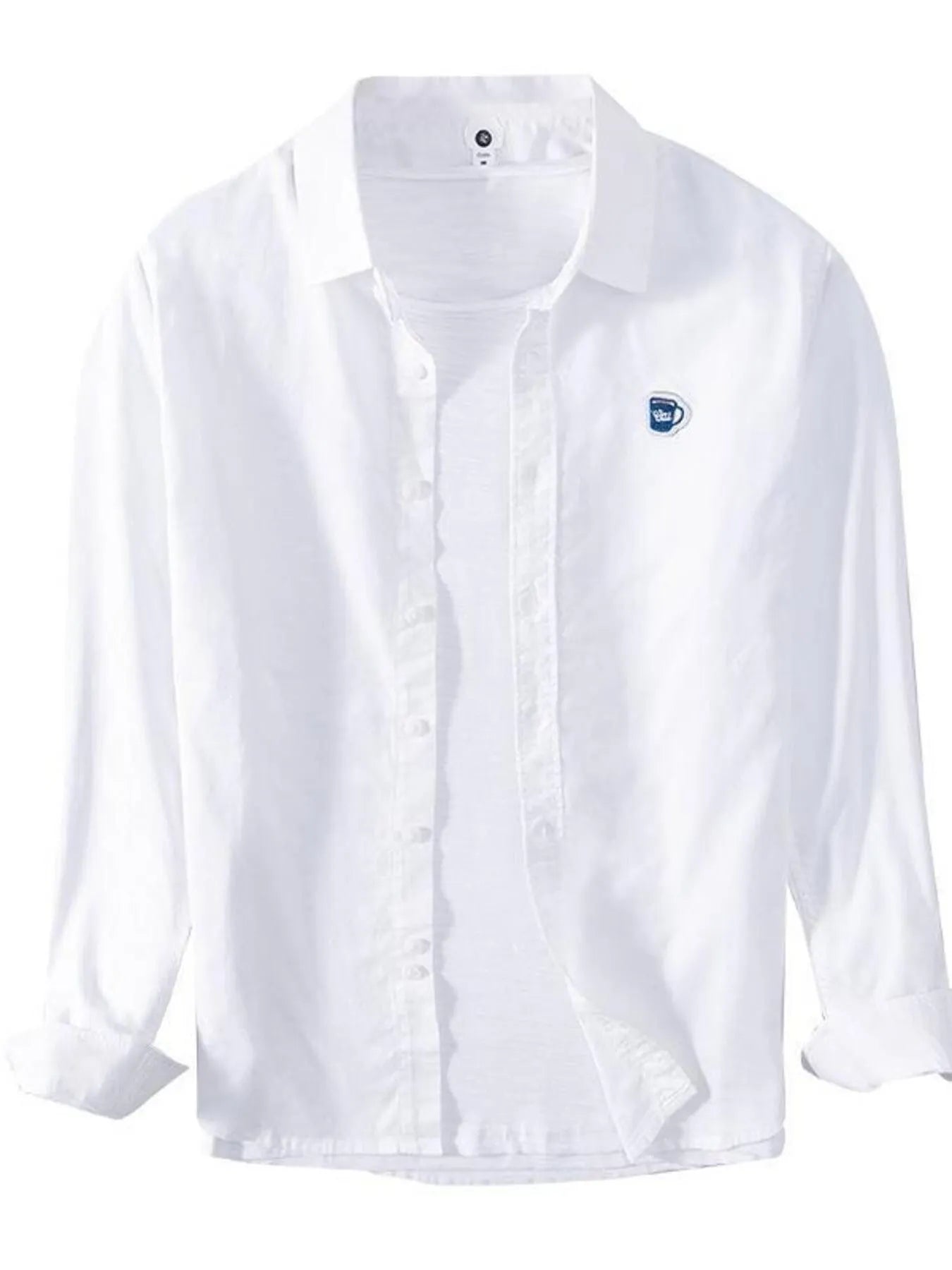 Plus size button-up long sleeve shirt, white with buttoned front and blue chest logo