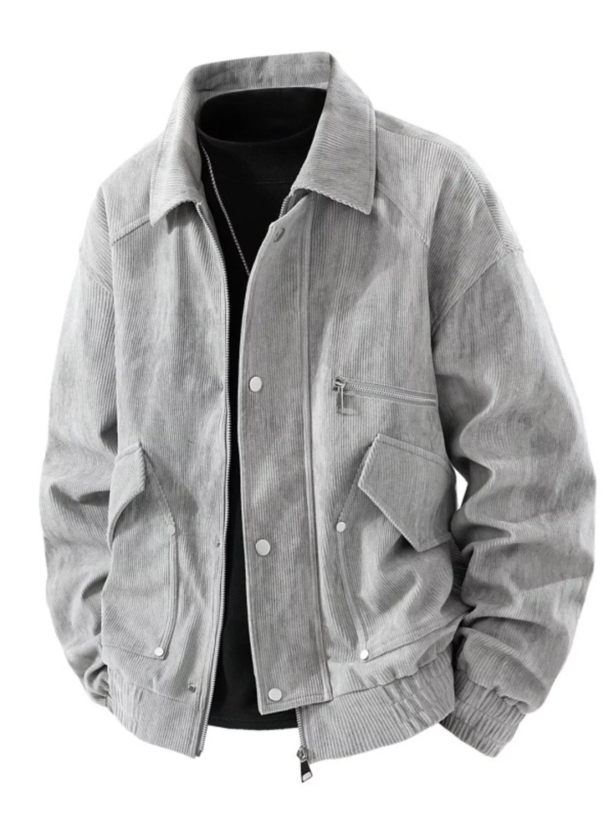 Gray corduroy snap-front jacket with zip placket, stand collar, and chest pocket