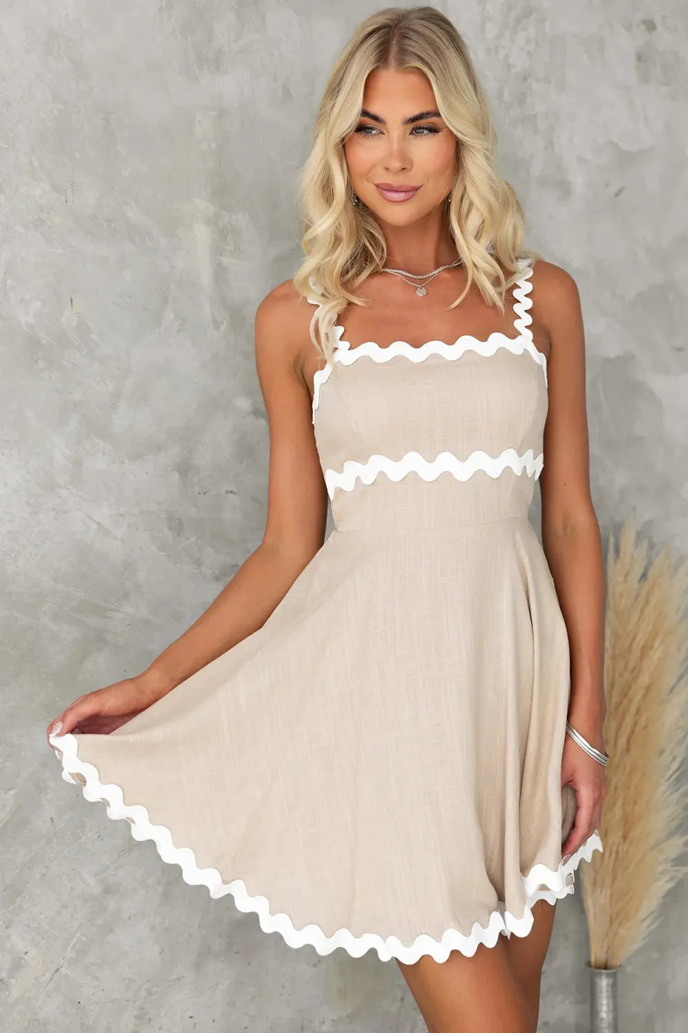 Contrast Trim Square Neck Mini Dress in beige with white scalloped trim, sleeveless