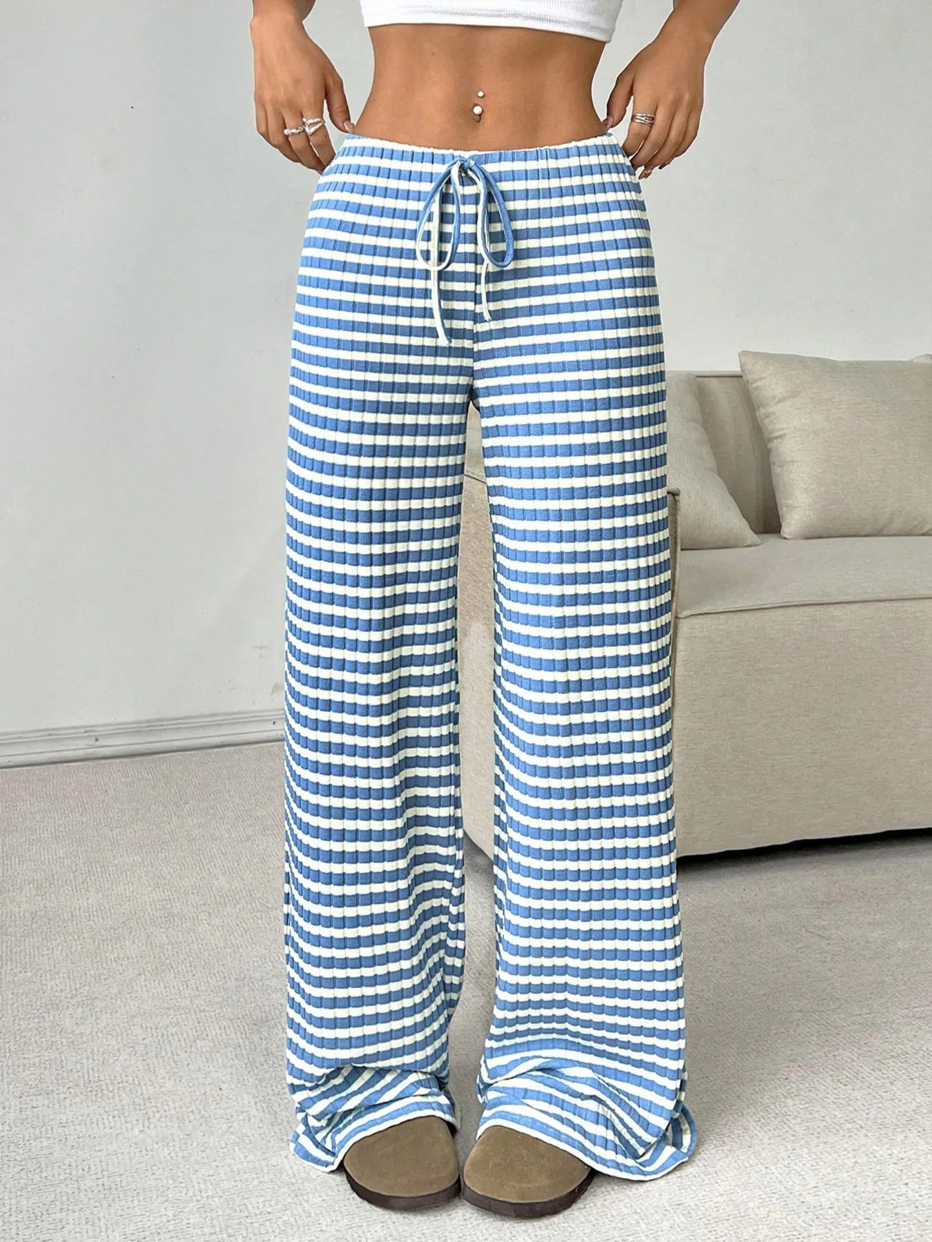 Blue and white striped wide-leg drawstring pants with elastic waistband