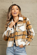 Camel plaid collared jacket with button front, fleece-trim cuffs, and chest pockets