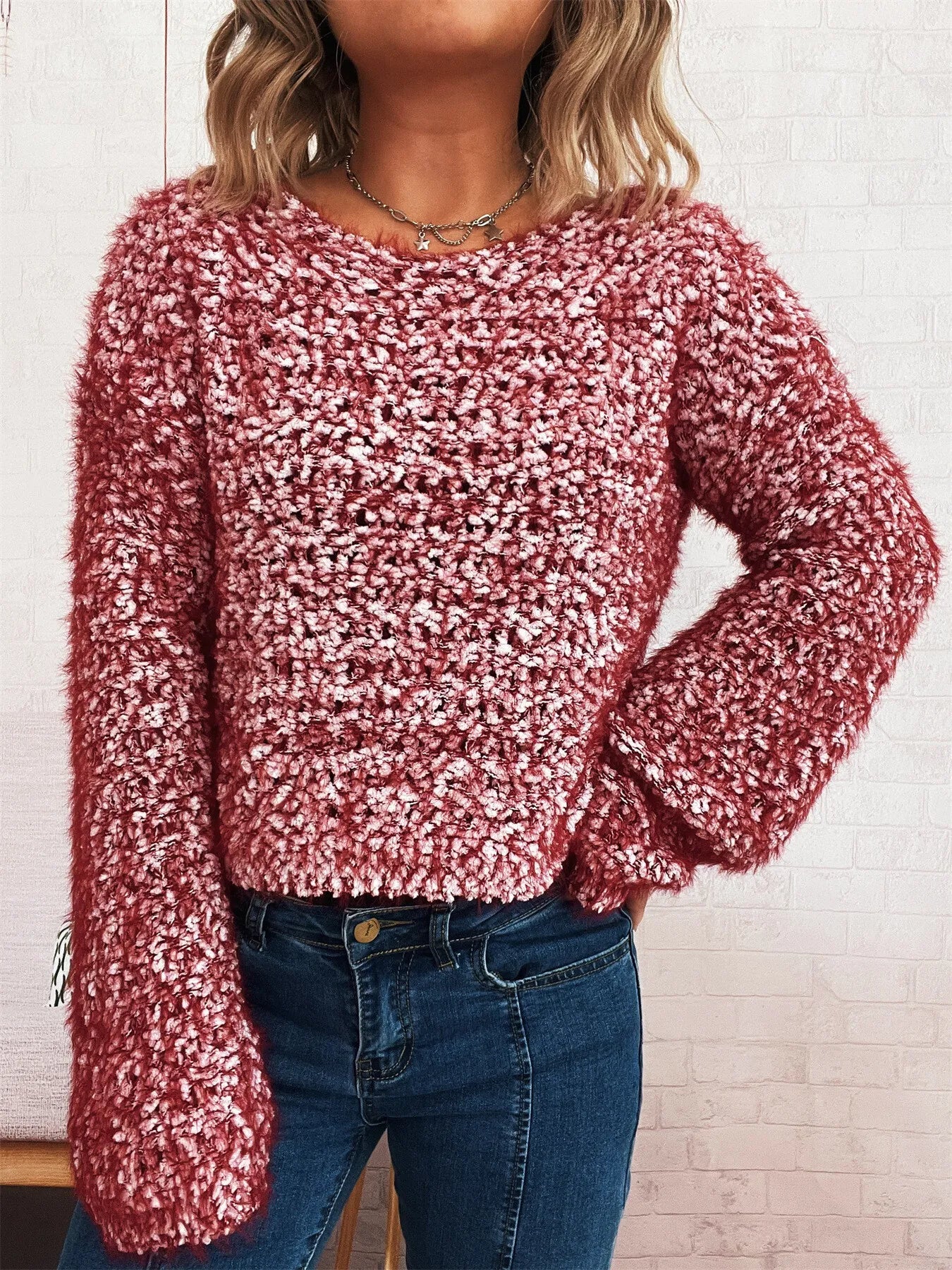 Burgundy crochet round-neck dropped-shoulder sweater with chunky open-knit texture