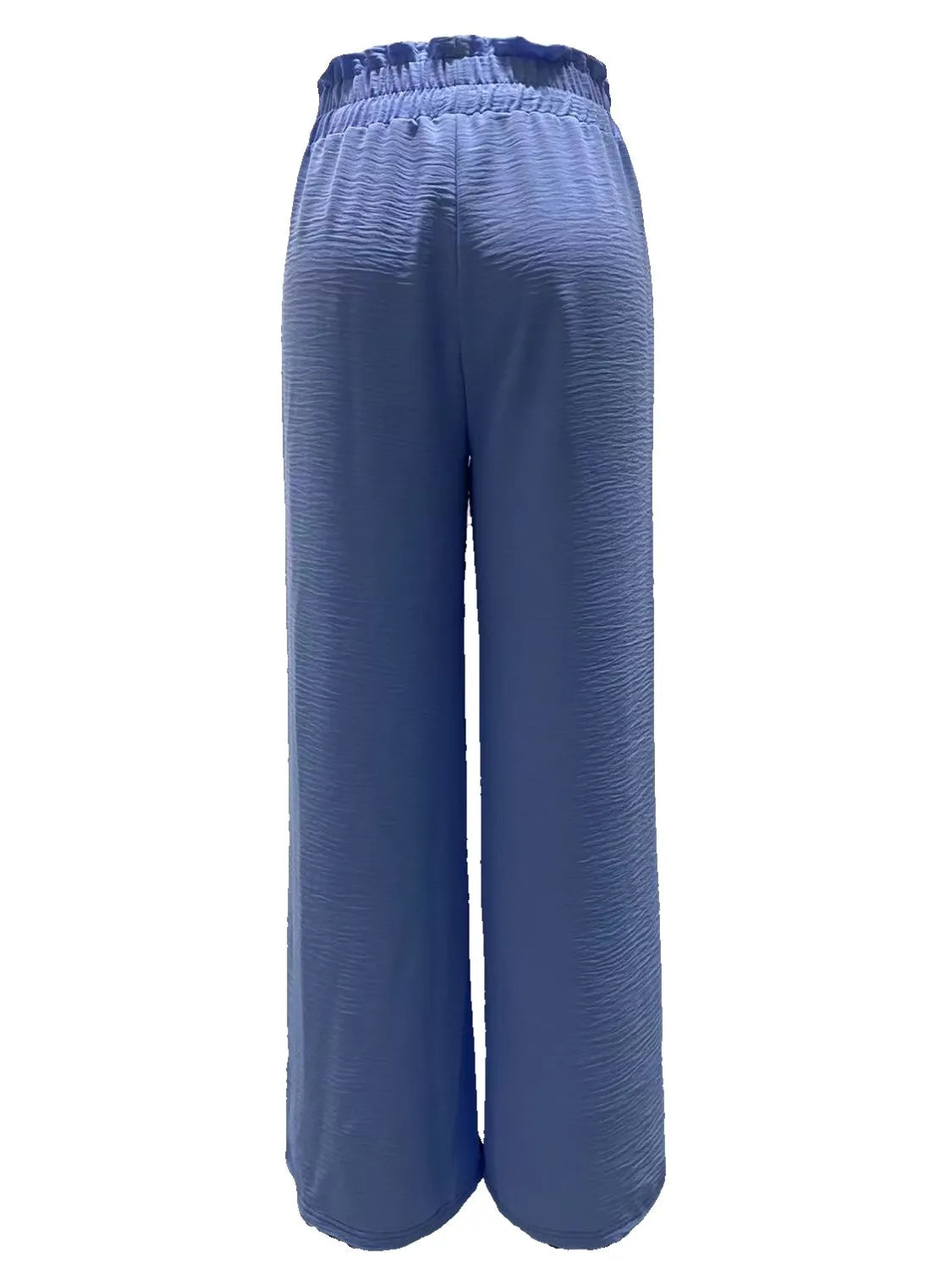 Dusty blue slit wide-leg pants with elastic waistband and draped side slit hem