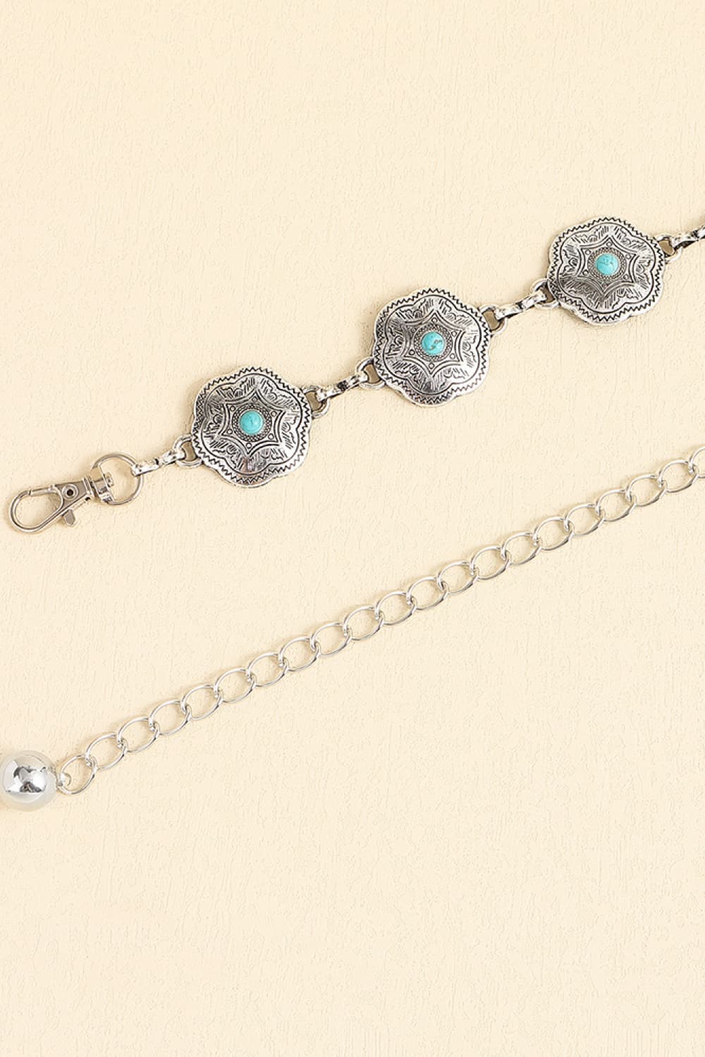 Vintage turquoise alloy belt close-up of round scalloped turquoise inlay medallions and clasp