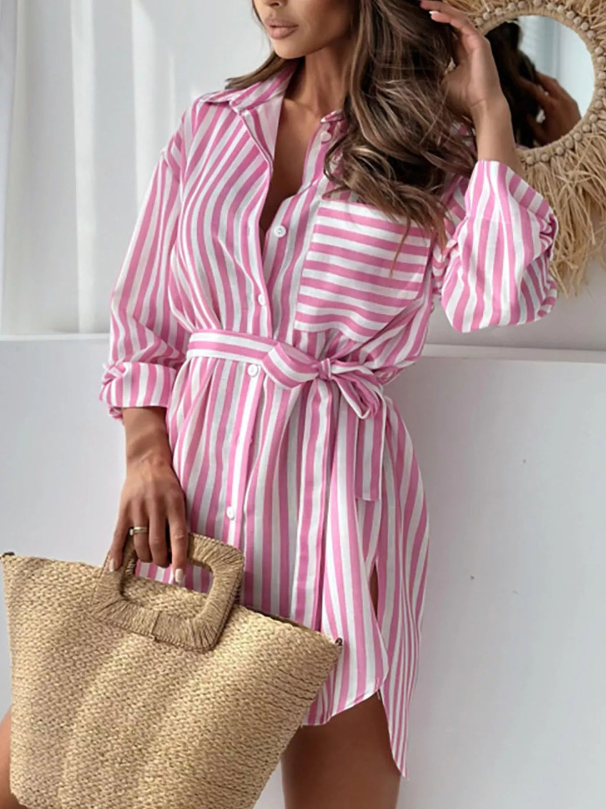 Pink and white striped tie-waist oversized long-sleeve shirt, button front